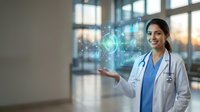 Young female doctor in white coat presenting holographic medical data interface with digital charts and graphs in modern hospital setting.