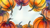 Watercolor pumpkins frame with orange and yellow autumn gourds creating decorative border for seasonal harvest designs and fall celebrations.