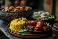 Traditional Asian cuisine with glazed chicken wings, yellow saffron rice, steamed dumplings and stir-fried vegetables served in authentic ceramic dishes on wooden table.