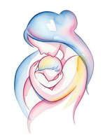 Watercolor mother holding baby in tender embrace with soft pastel colors on white background isolated for motherhood designs and family artwork.