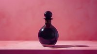 Glass bottle with dark liquid and round stopper casting dramatic shadow on pink background, minimalist luxury product photography for cosmetics or perfume advertising.