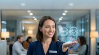 Professional businesswoman presenting digital healthcare technology icons in modern office environment for medical innovation presentations.