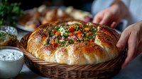 Fresh baked bread ring topped with herbs, vegetables and seasoning served in rustic wicker basket with creamy dip sauce on dark background.