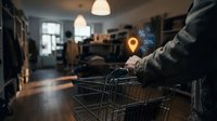 Young adult male, Caucasian ethnicity, wearing casual dark clothing, holding shopping cart in retail store environment with location pin icon and discount percentage symbols glowing above, representing omnichannel retail, geolocation services, and digital commerce integration for modern shopping experiences.