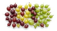 Red and yellow gooseberries with green varieties arranged on white background, isolated fresh berries for food, nutrition, and culinary design projects.