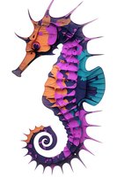 Colorful seahorse in layered paper art style featuring vibrant orange, purple, and turquoise tones on white background, isolated design element for creative projects.