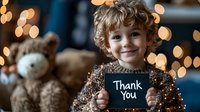 Smiling Caucasian child with curly blonde hair holding thank you sign with bokeh lights and teddy bear in background, expressing gratitude and holiday spirit.