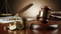 Wooden gavel and golden coins on desk with scales of justice in background representing legal fees, court costs, financial litigation and law firm services.