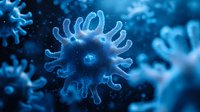 Microscopic view of glowing blue virus cells with crown-like spikes floating in dark background, scientific visualization for medical and healthcare concepts.
