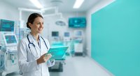 Female doctor using digital tablet in modern hospital corridor with medical equipment and turquoise wall for healthcare technology presentations.