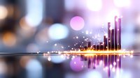 Futuristic digital cityscape with glowing skyscrapers reflecting on water surface, bokeh lights and purple pink gradient background for technology concepts.