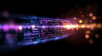 Digital binary code stream with glowing purple and orange light effects against dark background, representing data flow and technology advancement in modern computing.