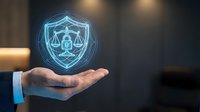 Businessman hand holding glowing digital shield with scales of justice and lock icon representing legal protection, cybersecurity and compliance services.