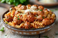 Homemade fusilli pasta with juicy meatballs in rich tomato sauce, topped with grated parmesan cheese and fresh herbs, served in rustic bowl on wooden table.