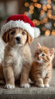 Adorable puppy wearing Santa hat sitting next to orange kitten with warm Christmas lights bokeh background creating festive holiday atmosphere for greeting cards.