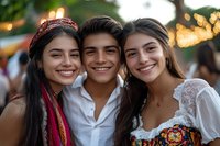 Three young diverse friends embracing and smiling at outdoor festival with warm bokeh lights in background during golden hour celebration.
