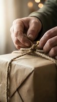 Male hands tying twine around kraft paper wrapped package. Closeup of man wrapping gift box with natural rope. Suitable for shipping, delivery, and packaging concepts.