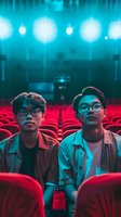 Young Asian men in glasses sitting in empty movie theater with red seats, illuminated by dramatic cyan stage lighting and bokeh effects in background.