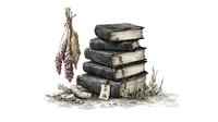 Stack of vintage leather-bound books with dried lavender flowers and herbs, hand drawn watercolor illustration in muted tones, nostalgic botanical style.
