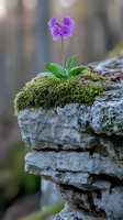 Delicate purple wildflower growing from moss on limestone rock formation. Natural macro photography showing resilience of nature and botanical beauty in harsh conditions.