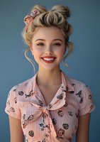 Young Caucasian woman with retro hairstyle and makeup wearing pink floral pattern blouse smiling brightly against blue background. Fashion portrait in vintage 1950s style.
