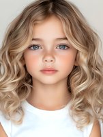 Young female with natural freckles, blue eyes and wavy blonde hair wearing white top, looking directly at camera with neutral expression. Soft beauty portrait.