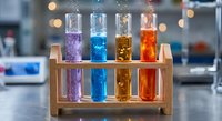 Four colorful chemical solutions in glass test tubes arranged in wooden rack for laboratory research and scientific experiments in modern lab setting.