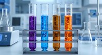 Laboratory test tubes with colorful chemical solutions in rack for scientific research and experimentation in modern lab setting.