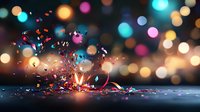 Colorful confetti explosion with vibrant bokeh lights in background creating magical festive atmosphere. Dynamic celebration moment captured on dark surface.