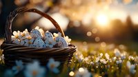 Quail eggs in rustic wicker basket with spring flowers at sunset, dreamy bokeh background creates magical atmosphere. Natural Easter composition in garden.