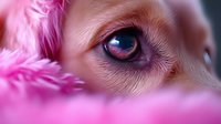Close-up of dog eye with pink feathers creating soft frame. Pet portrait showing detailed iris and eyelashes for veterinary, animal care concepts.