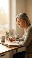 Mature woman with gray hair writing in journal at wooden desk by window with warm natural light, coffee cup and plant nearby.