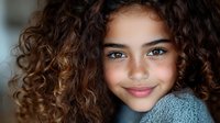 Young mixed race girl with natural curly hair and bright blue eyes smiling warmly at camera. Wearing cozy gray knit sweater. Authentic portrait capturing genuine expression.