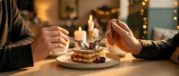 Romantic dinner date with couple sharing dessert by candlelight in cozy restaurant setting with warm ambient lighting and festive atmosphere.
