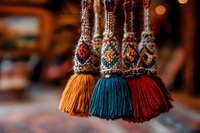 Decorative tassels with ethnic ornamental pattern in orange, blue and red colors featuring embroidered details and fringe hanging against blurred background.