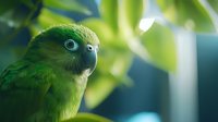 Green parrot with bright blue eyes gazes intently against blurred natural background, showcasing vibrant feathers and curved beak in soft morning light.