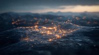Magical glowing particles floating over misty mountain landscape at dusk, creating ethereal light trails against dark peaks and moody evening sky.