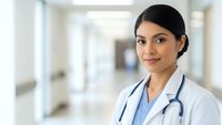Young Hispanic female doctor smiling confidently in hospital corridor wearing white coat and stethoscope for healthcare and medical profession concepts.