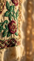 Intricate floral embroidery with roses and leaves on vintage fabric showcasing traditional needlework craftsmanship and textile artistry for fashion design projects.