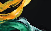 Abstract fluid art with dynamic swirls of vibrant yellow and turquoise paint waves against black background, creating modern flowing composition for wall decor.