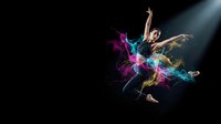Young athletic woman dancer jumping with colorful smoke powder explosion effects against black background for creative artistic performance concepts.