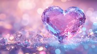 Magical crystal heart on sparkling surface with pink and blue bokeh lights creating romantic atmosphere. Glowing heart shape with ethereal glow and reflections.