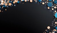 Abstract glowing blue and peach bokeh lights scattered along curved border on black background, creating elegant frame with copy space for text.