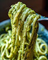 Fresh pasta linguine twirled on fork with vibrant green pesto sauce and herbs, macro food photography showing texture and steam rising from hot Italian dish.