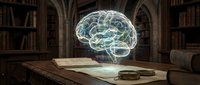 Glowing brain hologram floating above open book and magnifying glass on wooden desk in library setting with bookshelves, representing knowledge, learning, and intellectual development.