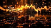 Shopping cart and stacked coins against glowing financial chart background with bokeh lights, representing retail market trends and consumer spending analysis.