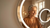 Senior Caucasian woman with gray hair smiling in modern spa environment with circular LED lighting fixtures creating warm ambiance for wellness treatments.