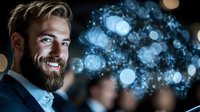 Young bearded Caucasian businessman smiling with blue bokeh lights in background, wearing dark suit. Professional corporate portrait with modern lighting effects.