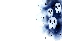 Playful cartoon ghost skulls floating in dark blue watercolor night sky with scattered stars, creating spooky yet cute Halloween atmosphere on white background.