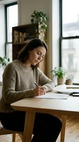 Young woman writing in notebook at wooden desk in cozy home office with plants and natural light streaming through windows for productivity and study.
